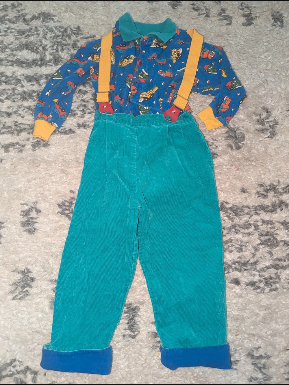 Kids Teal Corduroy Pants and Yellow Suspender Matching Set